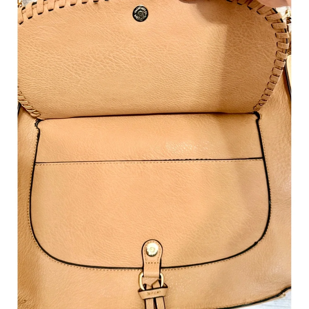Sole Society Tan Vegan Leather Satchel Boho Whipstitch Woven Strap Crossbody Bag